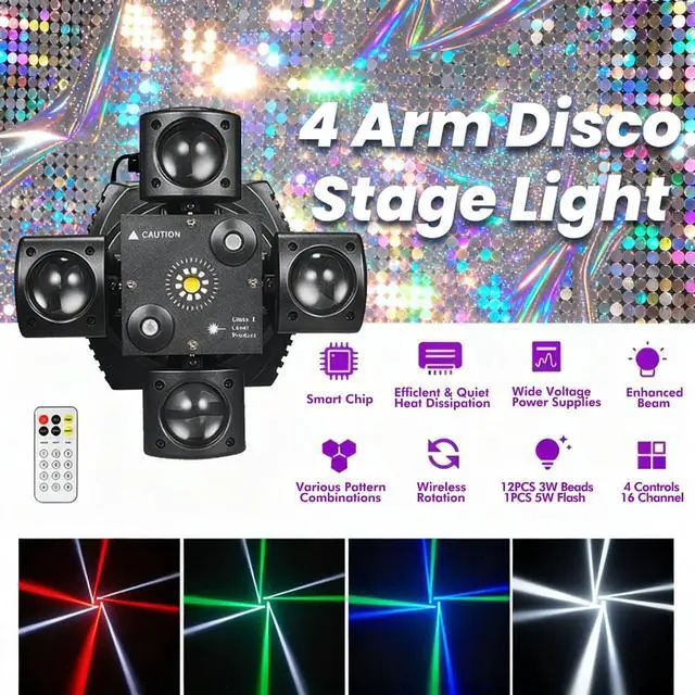 Alt view image 2 of 6 - Moving Head DJ Light 4 Arms RGBW Remote DMX Sound Active Beam for Party