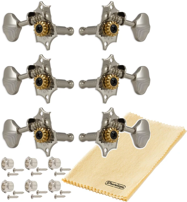 Main image of Grover V97N STA-TITE 14:1 Open Gear Guitar Tuners Vintage Style Nickel Tuning Machines 3+3 with Butter Bean Button For Solid (Vertical) Headstock with Dunlop Polish Cloth Bundle