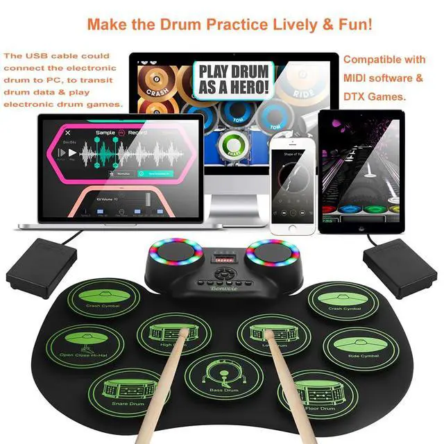 Alt view image 2 of 6 - Electronic Drum E-Drum Kit, Roll Up Drum with MIDI, DTC, 1800mAh Battery | Portable Rechargeable Digital Drum with 9 Pads, Built-in Dual Speakers, Ideal for Kids Students Beginners & Music Enthusiasts