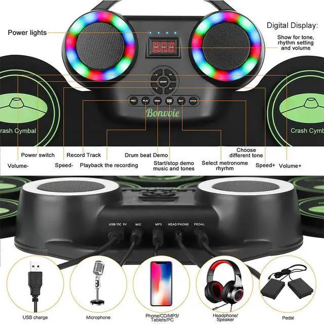 Alt view image 3 of 6 - Electronic Drum E-Drum Kit, Roll Up Drum with MIDI, DTC, 1800mAh Battery | Portable Rechargeable Digital Drum with 9 Pads, Built-in Dual Speakers, Ideal for Kids Students Beginners & Music Enthusiasts