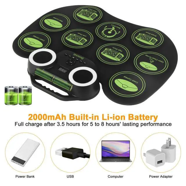Alt view image 6 of 6 - Electronic Drum E-Drum Kit, Roll Up Drum with MIDI, DTC, 1800mAh Battery | Portable Rechargeable Digital Drum with 9 Pads, Built-in Dual Speakers, Ideal for Kids Students Beginners & Music Enthusiasts