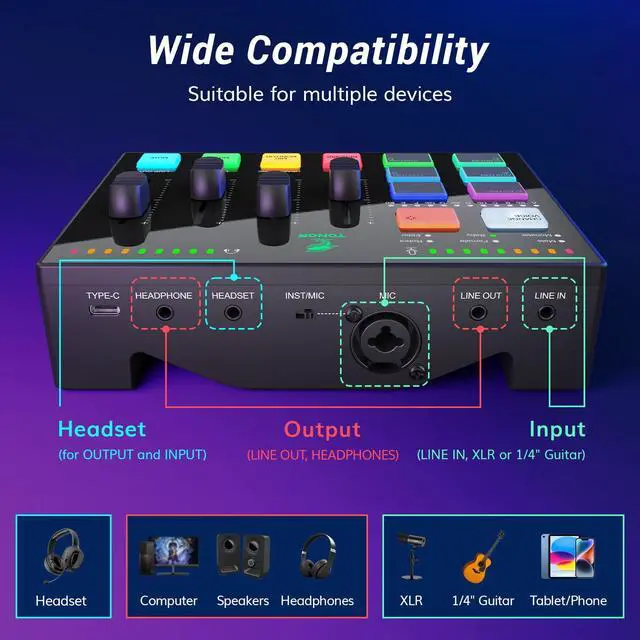 Alt view image 4 of 6 - Audio Interface and Microphone Set, Podcast Equipment Bundle, USB Audio Mixer with RGB, XLR Dynamic Microphone with Studio Sound Quality, Complete Package for Content Creating, Gaming, Streaming