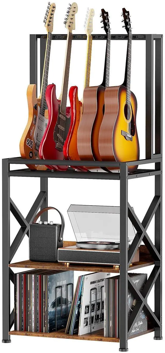 Main image of 3-Tier Multi Guitar Stand with Vinyl Record Player Storage Rack | Fits Acoustic Electric Guitar Basses Mandolins, Turntable Amp Organizer, Music Book Magazine Divider, EVA Foam Protection
