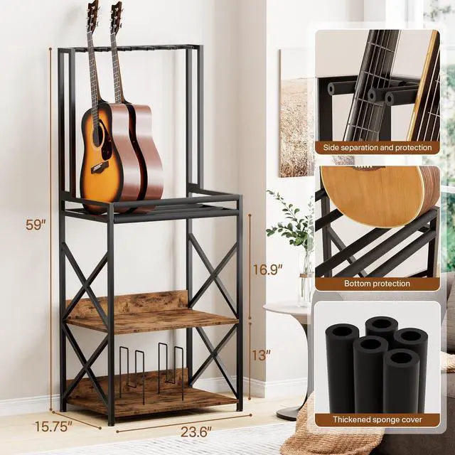 Alt view image 2 of 6 - 3-Tier Multi Guitar Stand with Vinyl Record Player Storage Rack | Fits Acoustic Electric Guitar Basses Mandolins, Turntable Amp Organizer, Music Book Magazine Divider, EVA Foam Protection