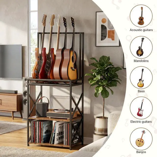 Alt view image 3 of 6 - 3-Tier Multi Guitar Stand with Vinyl Record Player Storage Rack | Fits Acoustic Electric Guitar Basses Mandolins, Turntable Amp Organizer, Music Book Magazine Divider, EVA Foam Protection