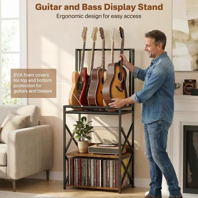 Alt view image 4 of 6 - 3-Tier Multi Guitar Stand with Vinyl Record Player Storage Rack | Fits Acoustic Electric Guitar Basses Mandolins, Turntable Amp Organizer, Music Book Magazine Divider, EVA Foam Protection