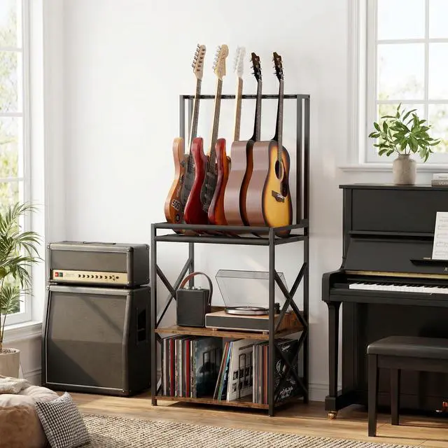 Alt view image 5 of 6 - 3-Tier Multi Guitar Stand with Vinyl Record Player Storage Rack | Fits Acoustic Electric Guitar Basses Mandolins, Turntable Amp Organizer, Music Book Magazine Divider, EVA Foam Protection