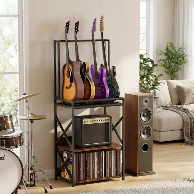 Alt view image 6 of 6 - 3-Tier Multi Guitar Stand with Vinyl Record Player Storage Rack | Fits Acoustic Electric Guitar Basses Mandolins, Turntable Amp Organizer, Music Book Magazine Divider, EVA Foam Protection