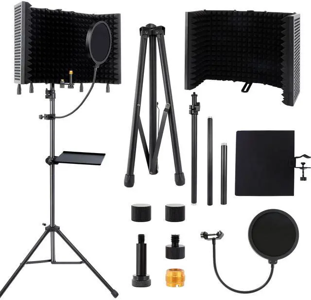 Main image of 5-Sided Isolation Shield Microphone Stand with Pop Filter | Studio-Grade Soundproof Booth, High-Density Foam, Adjustable Tripod, For Home Music Studio & Podcasting