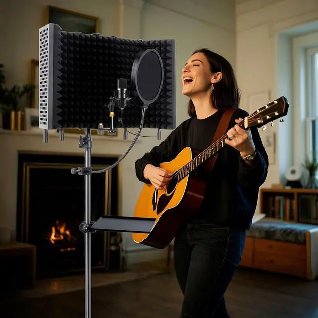 Alt view image 3 of 6 - 5-Sided Isolation Shield Microphone Stand with Pop Filter | Studio-Grade Soundproof Booth, High-Density Foam, Adjustable Tripod, For Home Music Studio & Podcasting