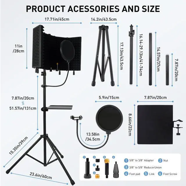 Alt view image 5 of 6 - 5-Sided Isolation Shield Microphone Stand with Pop Filter | Studio-Grade Soundproof Booth, High-Density Foam, Adjustable Tripod, For Home Music Studio & Podcasting