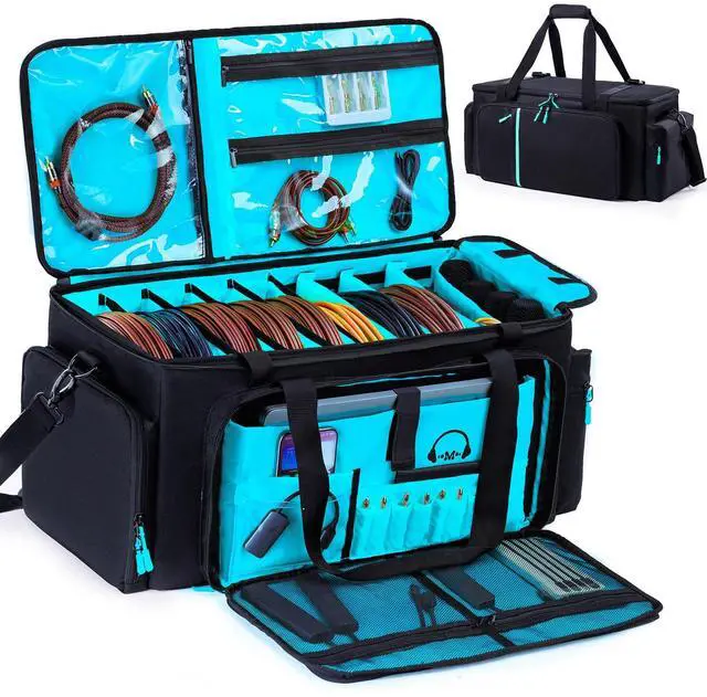 Main image of DJ Cable Bag, Large DJ Equipment Bag with 5 Cable Slots & 3 Removable Dividers, DJ Gig Bag with Laptop Compartment, Microphone &Accessory Pockets Travel DJ Gear Organizer for Cables, Mixer, Musicians