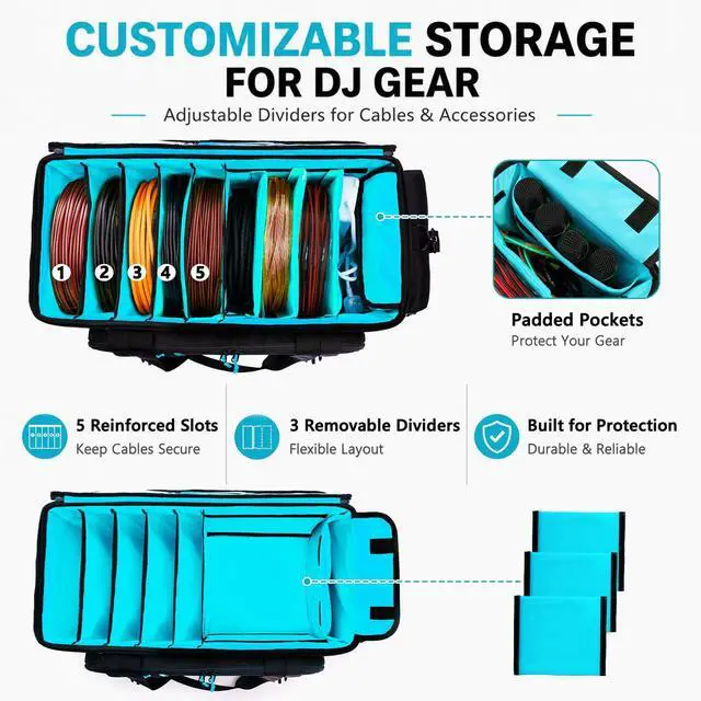 Alt view image 3 of 6 - DJ Cable Bag, Large DJ Equipment Bag with 5 Cable Slots & 3 Removable Dividers, DJ Gig Bag with Laptop Compartment, Microphone &Accessory Pockets Travel DJ Gear Organizer for Cables, Mixer, Musicians