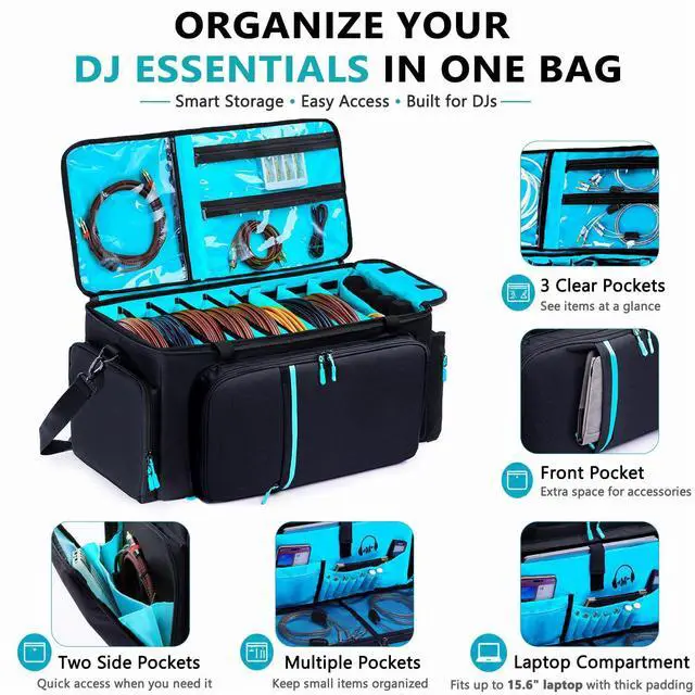 Alt view image 4 of 6 - DJ Cable Bag, Large DJ Equipment Bag with 5 Cable Slots & 3 Removable Dividers, DJ Gig Bag with Laptop Compartment, Microphone &Accessory Pockets Travel DJ Gear Organizer for Cables, Mixer, Musicians