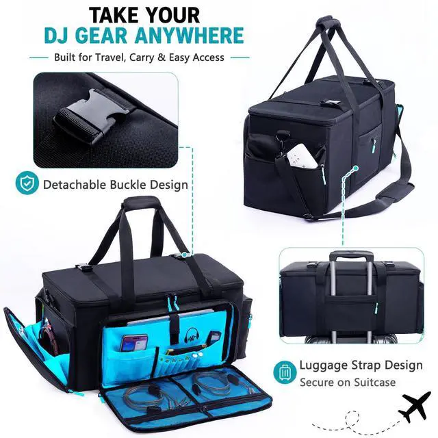 Alt view image 5 of 6 - DJ Cable Bag, Large DJ Equipment Bag with 5 Cable Slots & 3 Removable Dividers, DJ Gig Bag with Laptop Compartment, Microphone &Accessory Pockets Travel DJ Gear Organizer for Cables, Mixer, Musicians