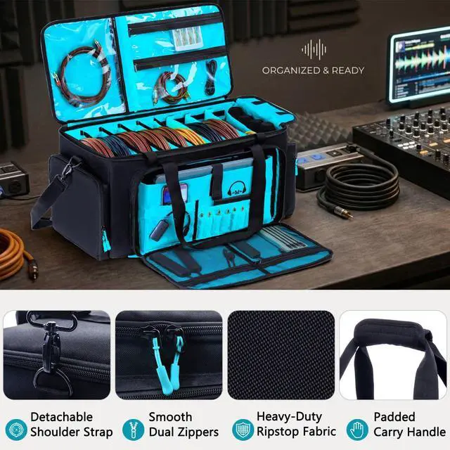 Alt view image 6 of 6 - DJ Cable Bag, Large DJ Equipment Bag with 5 Cable Slots & 3 Removable Dividers, DJ Gig Bag with Laptop Compartment, Microphone &Accessory Pockets Travel DJ Gear Organizer for Cables, Mixer, Musicians