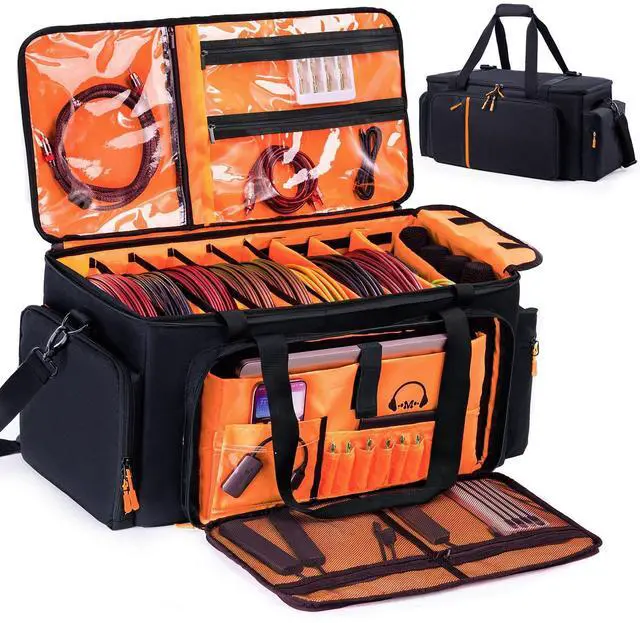 Main image of DJ Cable Bag, Large DJ Equipment Bag with 5 Cable Slots & 3 Removable Dividers, DJ Gig Bag with Laptop Compartment, Microphone &Accessory Pockets Travel DJ Gear Organizer for Cables, Mixer, Musicians