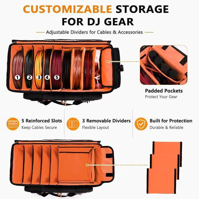 Alt view image 3 of 6 - DJ Cable Bag, Large DJ Equipment Bag with 5 Cable Slots & 3 Removable Dividers, DJ Gig Bag with Laptop Compartment, Microphone &Accessory Pockets Travel DJ Gear Organizer for Cables, Mixer, Musicians