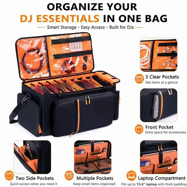 Alt view image 4 of 6 - DJ Cable Bag, Large DJ Equipment Bag with 5 Cable Slots & 3 Removable Dividers, DJ Gig Bag with Laptop Compartment, Microphone &Accessory Pockets Travel DJ Gear Organizer for Cables, Mixer, Musicians