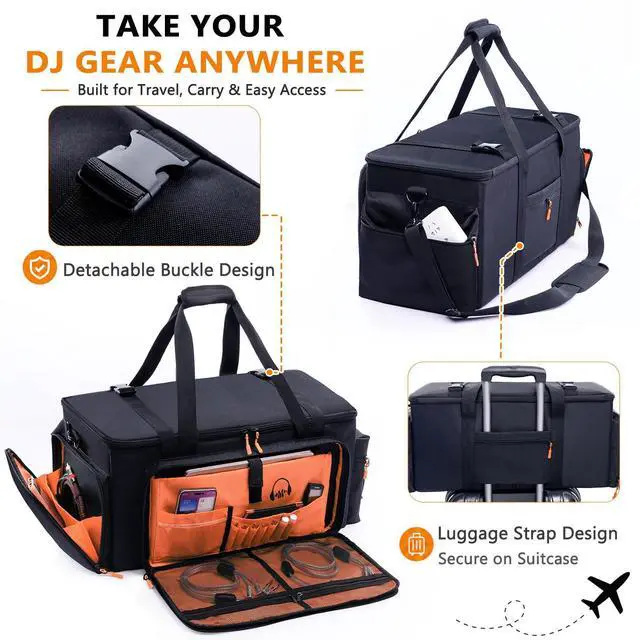 Alt view image 5 of 6 - DJ Cable Bag, Large DJ Equipment Bag with 5 Cable Slots & 3 Removable Dividers, DJ Gig Bag with Laptop Compartment, Microphone &Accessory Pockets Travel DJ Gear Organizer for Cables, Mixer, Musicians
