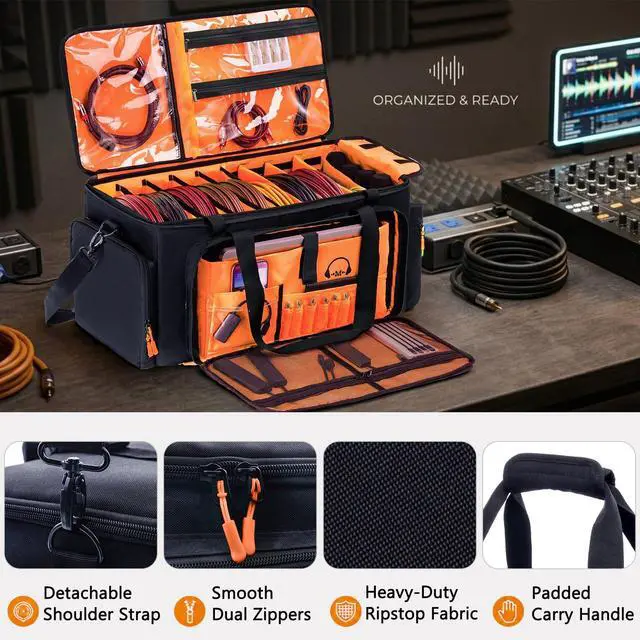 Alt view image 6 of 6 - DJ Cable Bag, Large DJ Equipment Bag with 5 Cable Slots & 3 Removable Dividers, DJ Gig Bag with Laptop Compartment, Microphone &Accessory Pockets Travel DJ Gear Organizer for Cables, Mixer, Musicians