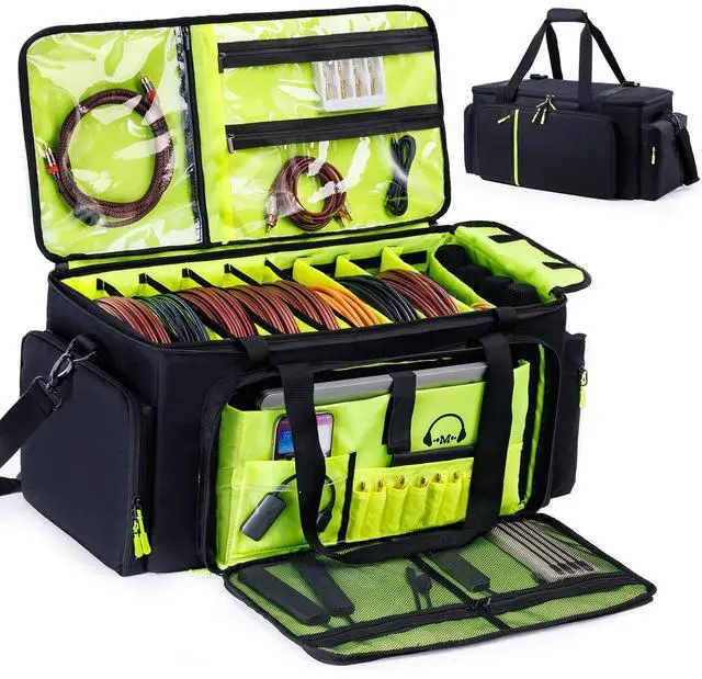 Main image of DJ Cable Bag, Large DJ Equipment Bag with 5 Cable Slots & 3 Removable Dividers, DJ Gig Bag with Laptop Compartment, Microphone &Accessory Pockets Travel DJ Gear Organizer for Cables, Mixer, Musicians