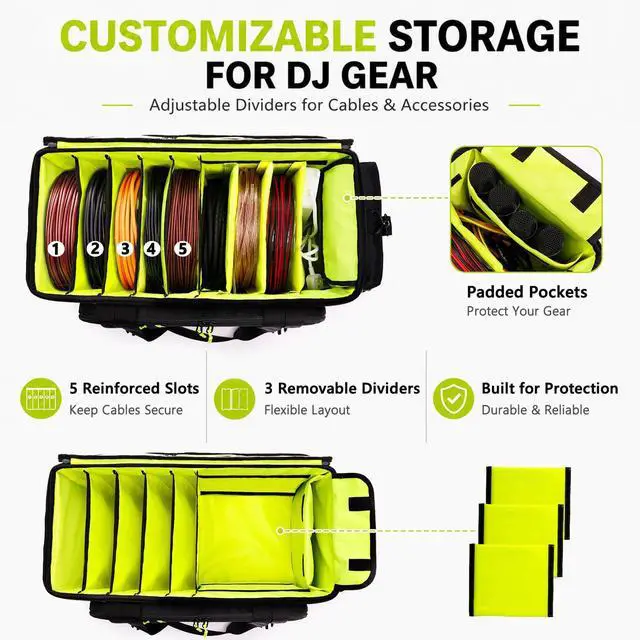 Alt view image 3 of 6 - DJ Cable Bag, Large DJ Equipment Bag with 5 Cable Slots & 3 Removable Dividers, DJ Gig Bag with Laptop Compartment, Microphone &Accessory Pockets Travel DJ Gear Organizer for Cables, Mixer, Musicians
