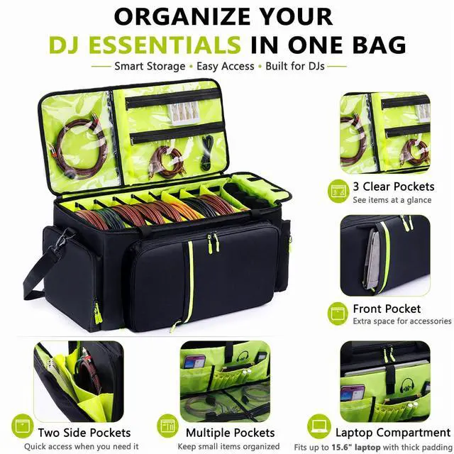 Alt view image 4 of 6 - DJ Cable Bag, Large DJ Equipment Bag with 5 Cable Slots & 3 Removable Dividers, DJ Gig Bag with Laptop Compartment, Microphone &Accessory Pockets Travel DJ Gear Organizer for Cables, Mixer, Musicians
