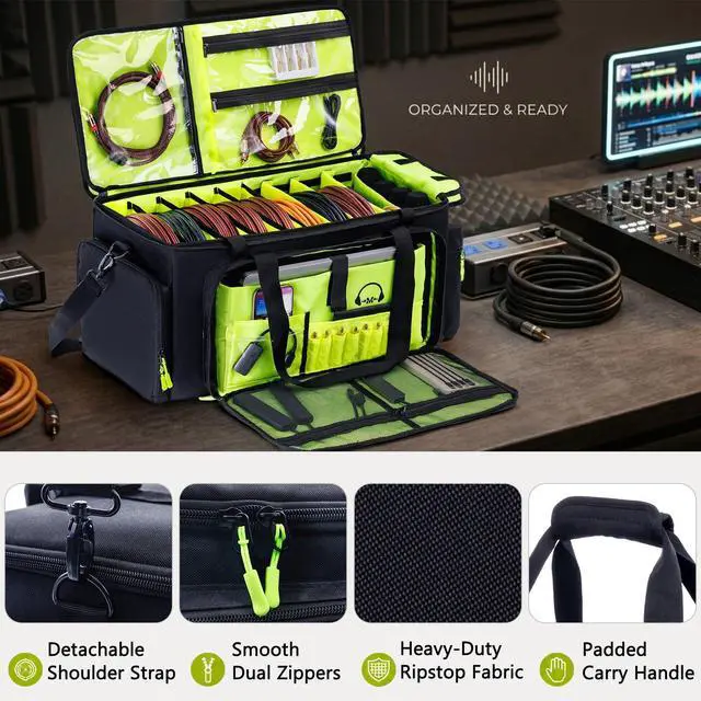 Alt view image 6 of 6 - DJ Cable Bag, Large DJ Equipment Bag with 5 Cable Slots & 3 Removable Dividers, DJ Gig Bag with Laptop Compartment, Microphone &Accessory Pockets Travel DJ Gear Organizer for Cables, Mixer, Musicians