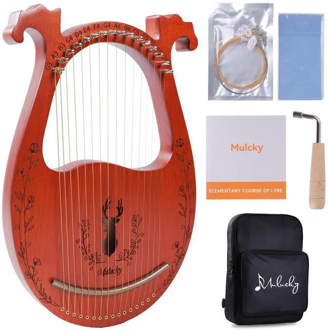 Main image of 16 String Mahogany Deer Lyre Harp, Metal Strings Copper Saddle Kit | Deer 16-String Lyre: Cute deer-shaped mahogany body with metal strings and copper saddle. Includes a wrench and gig bag