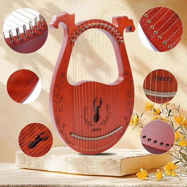 Alt view image 3 of 6 - 16 String Mahogany Deer Lyre Harp, Metal Strings Copper Saddle Kit | Deer 16-String Lyre: Cute deer-shaped mahogany body with metal strings and copper saddle. Includes a wrench and gig bag