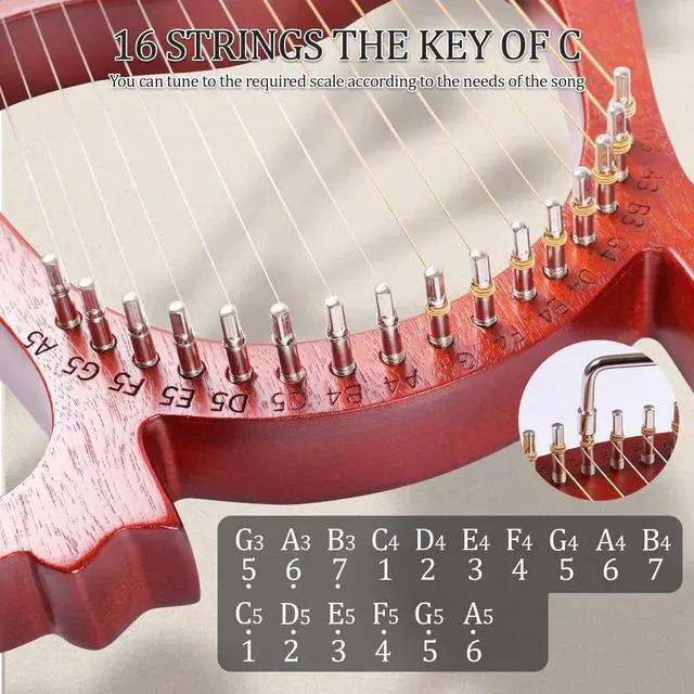 Alt view image 4 of 6 - 16 String Mahogany Deer Lyre Harp, Metal Strings Copper Saddle Kit | Deer 16-String Lyre: Cute deer-shaped mahogany body with metal strings and copper saddle. Includes a wrench and gig bag