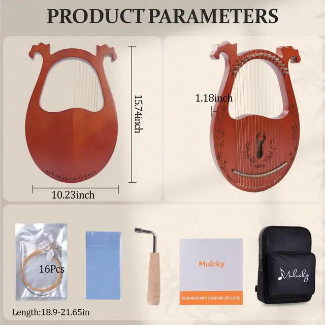 Alt view image 6 of 6 - 16 String Mahogany Deer Lyre Harp, Metal Strings Copper Saddle Kit | Deer 16-String Lyre: Cute deer-shaped mahogany body with metal strings and copper saddle. Includes a wrench and gig bag