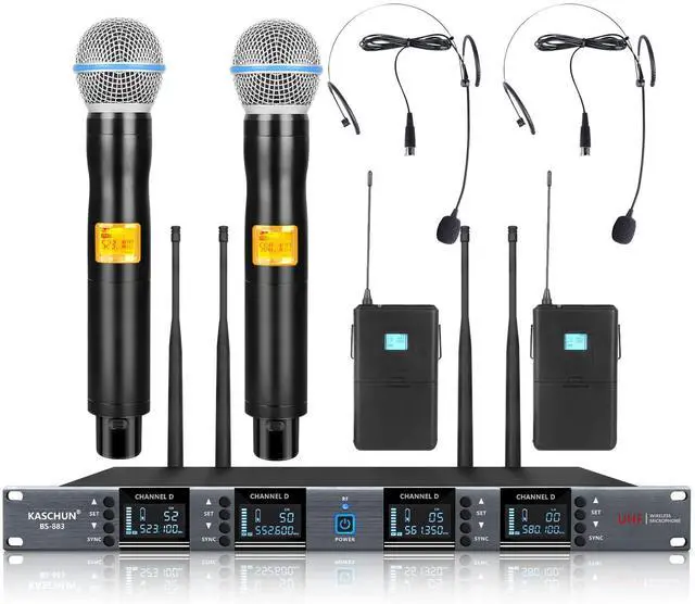 Main image of Wireless Microphone System, 4-Channel UHF Wireless Mic Set with 2 Handheld Mics, 2 Bodypack Mics, 328Ft Range, 4x60 Frequencies, Metal Cordless Microphone for Singing, Church, Karaoke