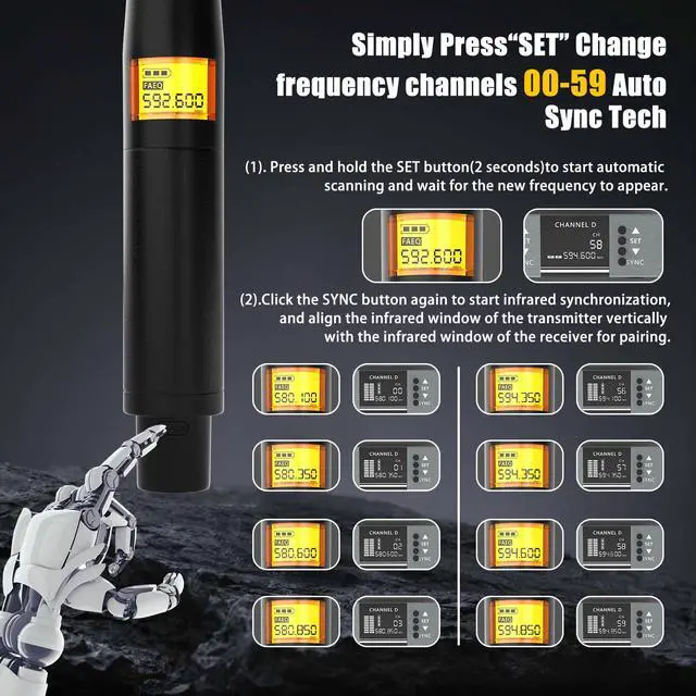 Alt view image 6 of 6 - Wireless Microphone System, 4-Channel UHF Wireless Mic Set with 2 Handheld Mics, 2 Bodypack Mics, 328Ft Range, 4x60 Frequencies, Metal Cordless Microphone for Singing, Church, Karaoke