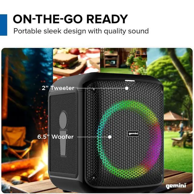 Alt view image 2 of 5 - Box-Style Party Speaker, LED Lights, Wireless Mic (GGO-650L) | Box-style party speaker, dual 6.5" - LED lights, wireless mic - up to 10 hr - Bluetooth, FM, USB, SD