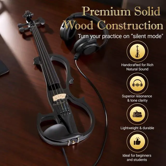 Alt view image 2 of 6 - Electric Violin for Beginners - Solid Maple & Spruce, Ebony Fittings, Carbon Fiber Tailpiece, Full Size 4/4 (Black)