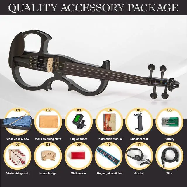 Alt view image 3 of 6 - Electric Violin for Beginners - Solid Maple & Spruce, Ebony Fittings, Carbon Fiber Tailpiece, Full Size 4/4 (Black)