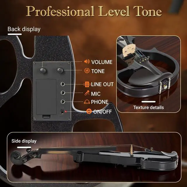 Alt view image 4 of 6 - Electric Violin for Beginners - Solid Maple & Spruce, Ebony Fittings, Carbon Fiber Tailpiece, Full Size 4/4 (Black)