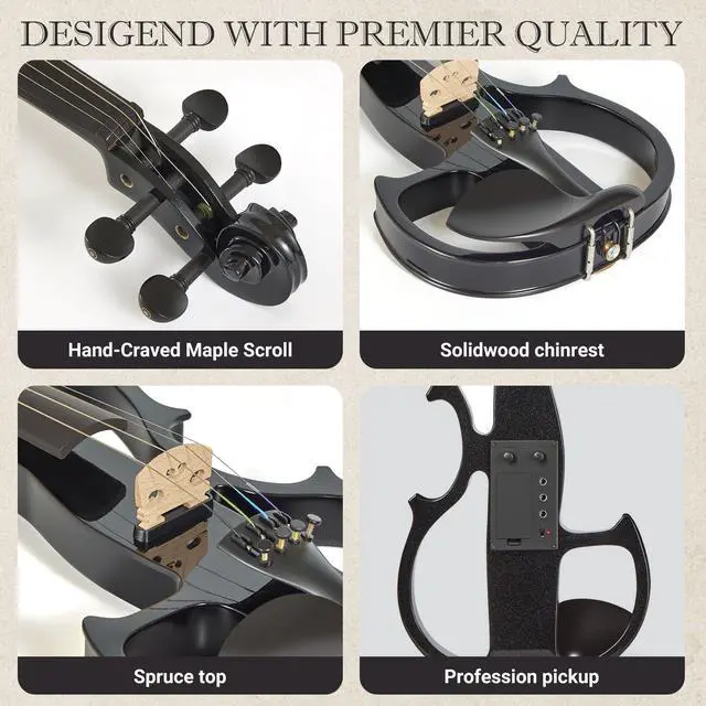 Alt view image 5 of 6 - Electric Violin for Beginners - Solid Maple & Spruce, Ebony Fittings, Carbon Fiber Tailpiece, Full Size 4/4 (Black)