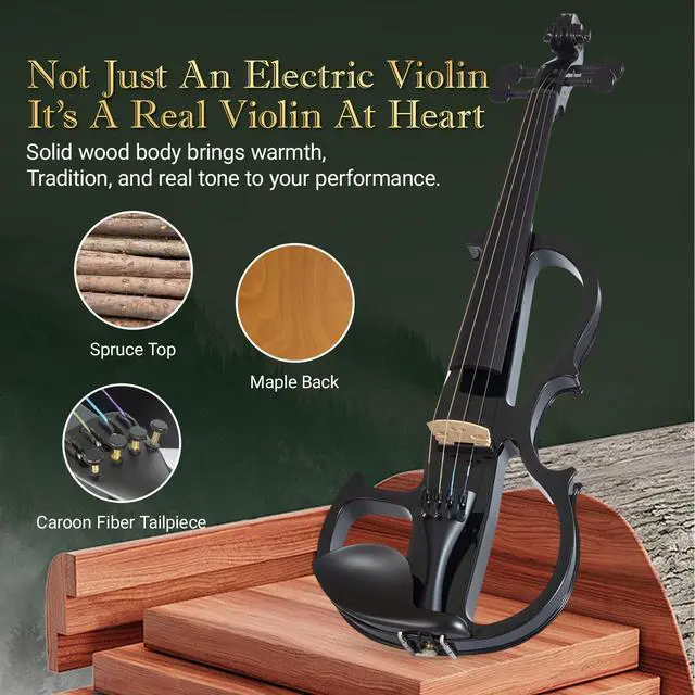 Alt view image 6 of 6 - Electric Violin for Beginners - Solid Maple & Spruce, Ebony Fittings, Carbon Fiber Tailpiece, Full Size 4/4 (Black)