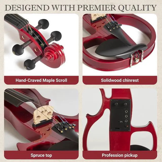 Alt view image 2 of 6 - Silent Electric Violin for Beginners - Solid Wood Acoustic-Electric Fiddle, Ebony Fittings, Carbon Fiber Tailpiece, 4/4 Full-Size (Red)