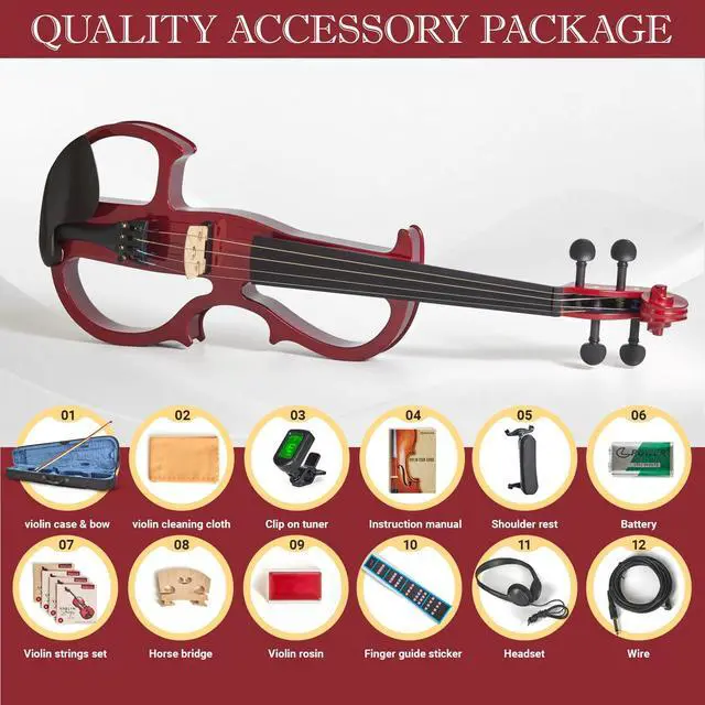 Alt view image 3 of 6 - Silent Electric Violin for Beginners - Solid Wood Acoustic-Electric Fiddle, Ebony Fittings, Carbon Fiber Tailpiece, 4/4 Full-Size (Red)