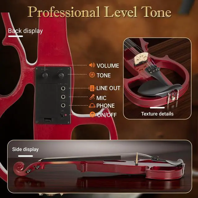 Alt view image 4 of 6 - Silent Electric Violin for Beginners - Solid Wood Acoustic-Electric Fiddle, Ebony Fittings, Carbon Fiber Tailpiece, 4/4 Full-Size (Red)