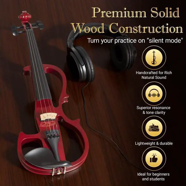 Alt view image 5 of 6 - Silent Electric Violin for Beginners - Solid Wood Acoustic-Electric Fiddle, Ebony Fittings, Carbon Fiber Tailpiece, 4/4 Full-Size (Red)