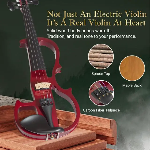 Alt view image 6 of 6 - Silent Electric Violin for Beginners - Solid Wood Acoustic-Electric Fiddle, Ebony Fittings, Carbon Fiber Tailpiece, 4/4 Full-Size (Red)