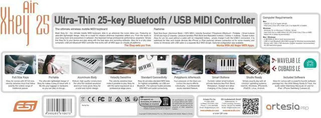 Alt view image 6 of 6 - Xkey 25 Air Ultra-Thin Bluetooth MIDI Controller Keyboard, Apple-Style Aluminum Body, Polyphonic Aftertouch, Ultra-Low Latency, 25 Full-Size Smart Velocity-Sensitive Keys, Simple Plug & Play