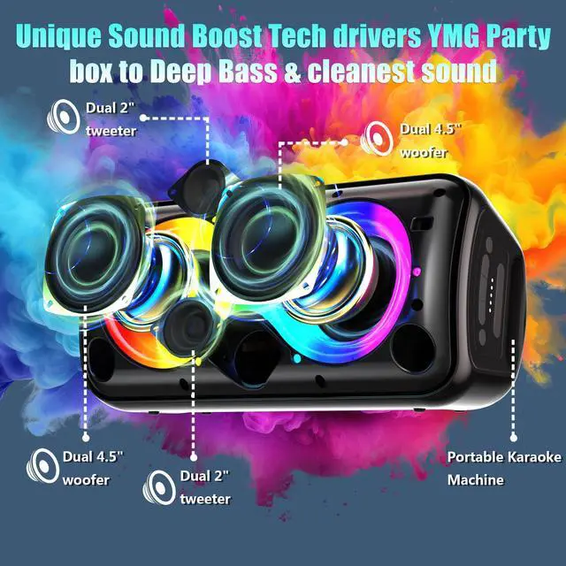 Alt view image 2 of 6 - Karaoke Machine for Adults Portable Blue Tooth Party Speaker with 2 Wireless Microphones, 300W Peak PA System Deep Bass with LED Disco Lights for Outdoor Home Party Gift