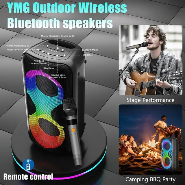 Alt view image 4 of 6 - Karaoke Machine for Adults Portable Blue Tooth Party Speaker with 2 Wireless Microphones, 300W Peak PA System Deep Bass with LED Disco Lights for Outdoor Home Party Gift