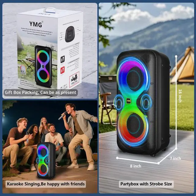 Alt view image 6 of 6 - Karaoke Machine for Adults Portable Blue Tooth Party Speaker with 2 Wireless Microphones, 300W Peak PA System Deep Bass with LED Disco Lights for Outdoor Home Party Gift